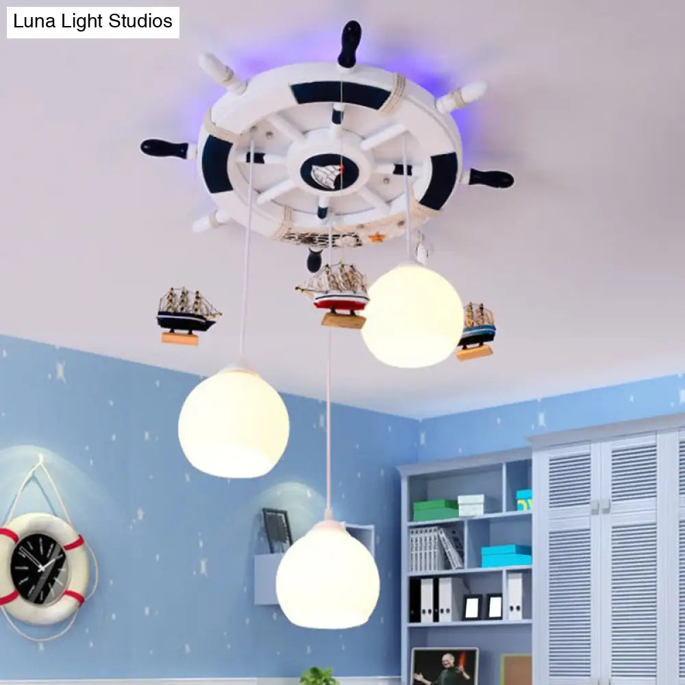 Cartoon Cream Glass Globe Flush Ceiling Light 3 Bulb Child Room Led Mount With Rudder Decor White /