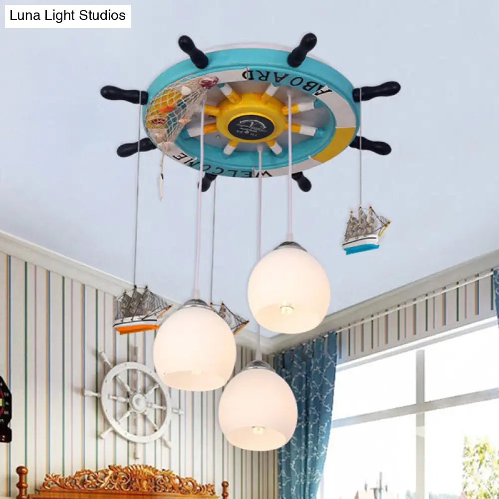 Cartoon Cream Glass Globe Flush Ceiling Light 3 Bulb Child Room Led Mount With Rudder Decor Yellow /