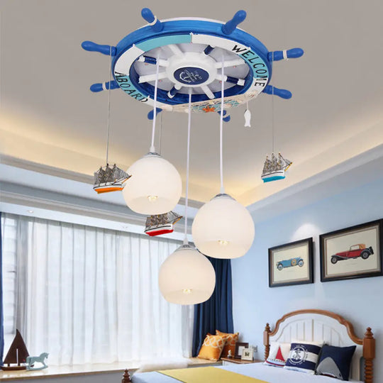 Cartoon Cream Glass Globe Flush Ceiling Light – 3 Bulb Child Room Led Mount With Rudder Decor