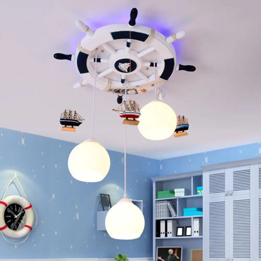 Cartoon Cream Glass Globe Flush Ceiling Light – 3 Bulb Child Room Led Mount With Rudder Decor