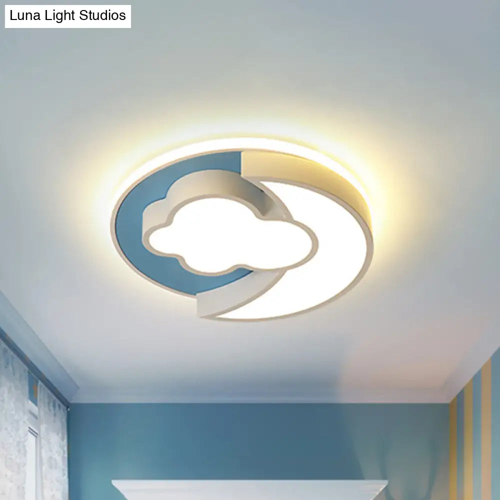 Cartoon Crescent And Cloud Led Flush Mount Light For Child’s Bedroom In Blue/Wood