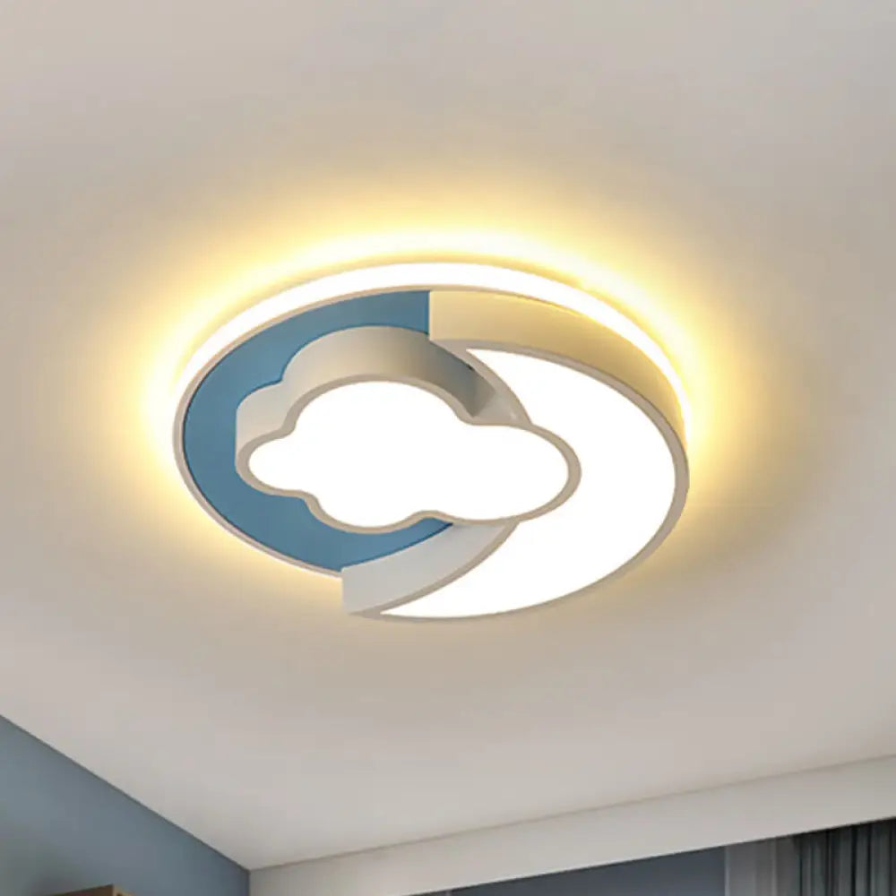 Cartoon Crescent And Cloud Led Flush Mount Light For Child’s Bedroom In Blue/Wood Blue