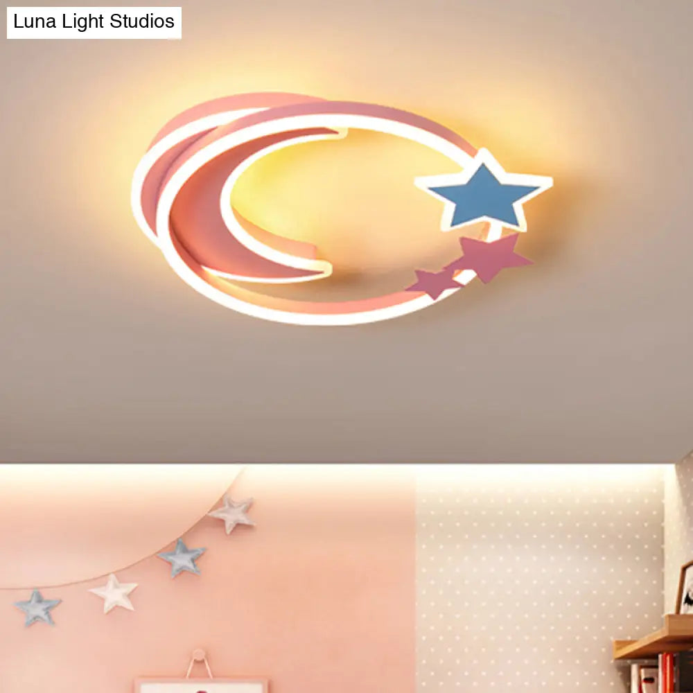 Cartoon Crescent And Star Flushmount Led Ceiling Light For Kids Bedroom