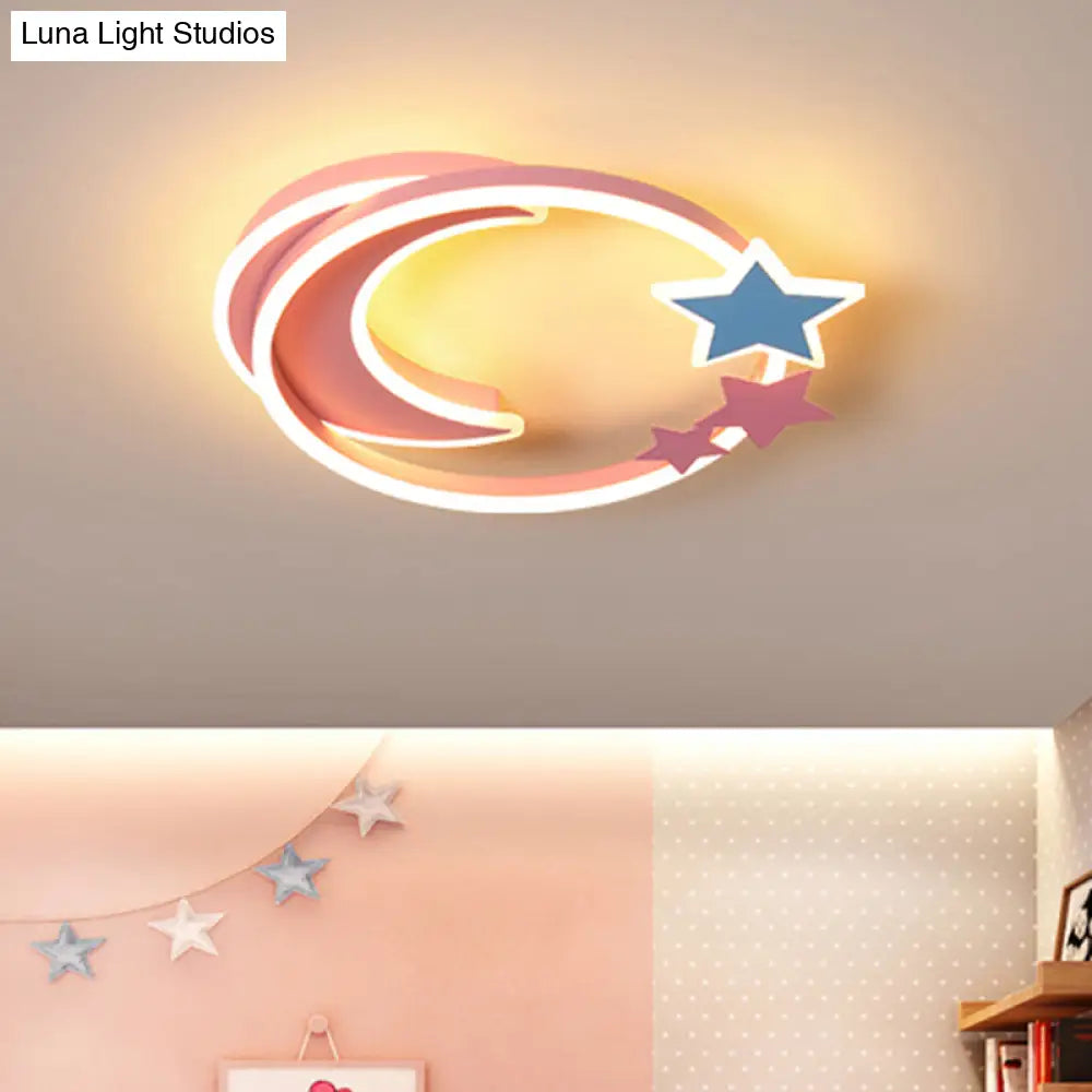 Cartoon Crescent And Star Flushmount Led Ceiling Light For Kids Bedroom Pink / 18.5 Third Gear