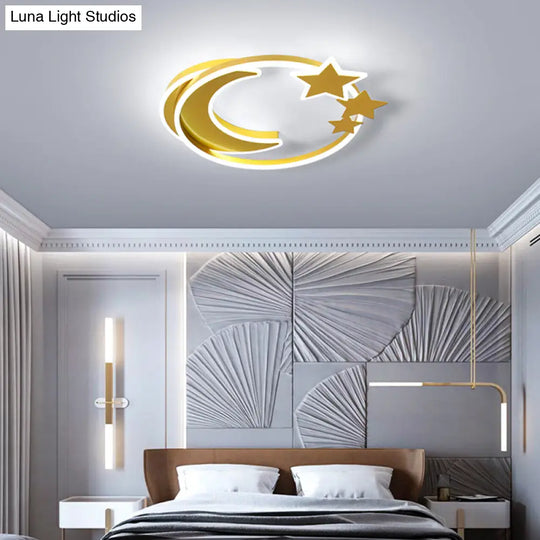 Cartoon Crescent And Star Flushmount Led Ceiling Light For Kids Bedroom