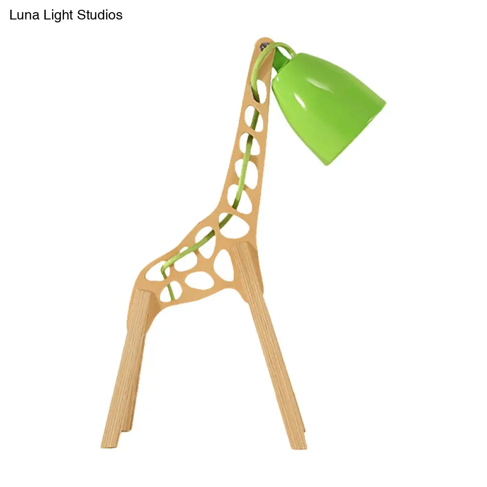 Cartoon Giraffe Night Light Table Lamp - Metal 1-Light With Wood Base In Blue/Red/Green