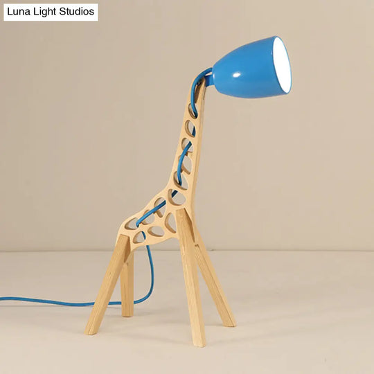 Cartoon Giraffe Night Light Table Lamp - Metal 1-Light With Wood Base In Blue/Red/Green