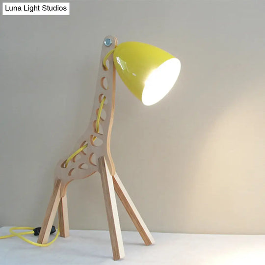 Cartoon Giraffe Night Light Table Lamp - Metal 1-Light With Wood Base In Blue/Red/Green