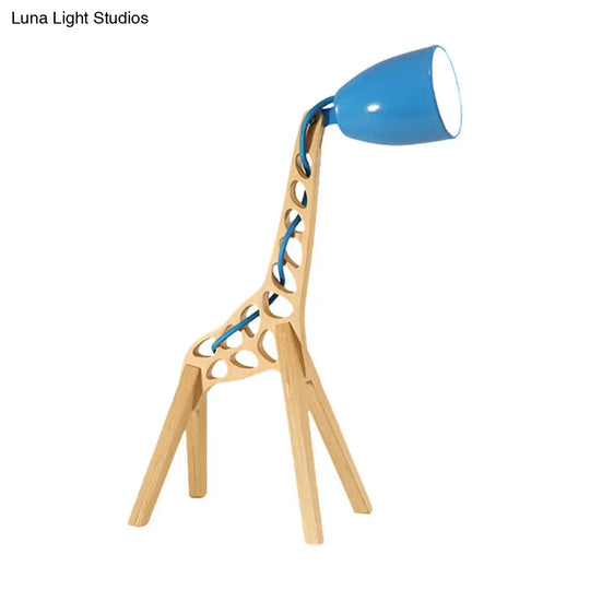 Cartoon Giraffe Night Light Table Lamp - Metal 1-Light With Wood Base In Blue/Red/Green