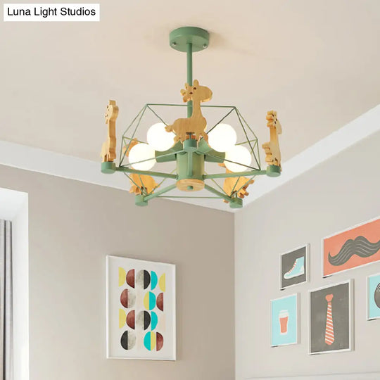 Cartoon Giraffe Wood Ceiling Light With 5-Light Semi Flush Mount - Perfect For Childrens Room Or