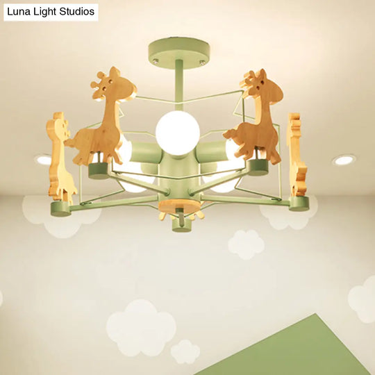 Cartoon Giraffe Wood Ceiling Light With 5-Light Semi Flush Mount - Perfect For Childrens Room Or