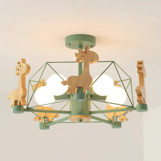 Cartoon Giraffe Wood Ceiling Light With 5-Light Semi Flush Mount - Perfect For Childrens Room Or