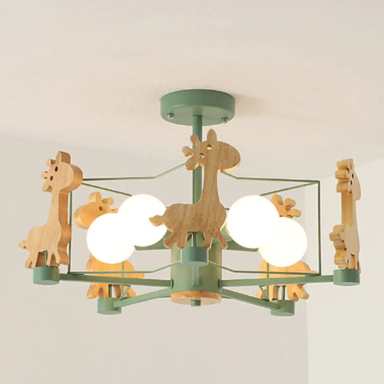 Cartoon Giraffe Wood Ceiling Light With 5-Light Semi Flush Mount - Perfect For Childrens Room Or