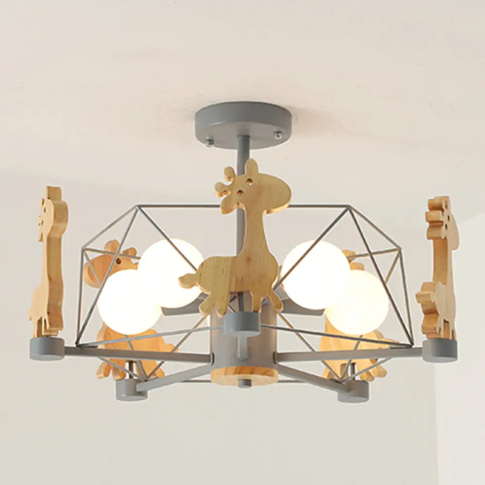 Cartoon Giraffe Wood Ceiling Light With 5-Light Semi Flush Mount - Perfect For Childrens Room Or