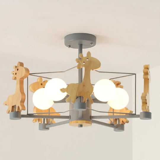 Cartoon Giraffe Wood Ceiling Light With 5-Light Semi Flush Mount - Perfect For Childrens Room Or