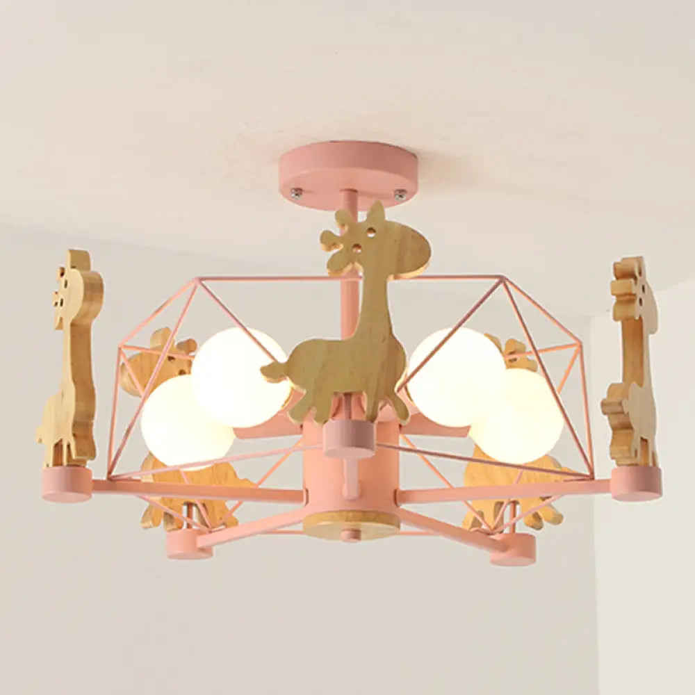 Cartoon Giraffe Wood Ceiling Light With 5-Light Semi Flush Mount - Perfect For Childrens Room Or