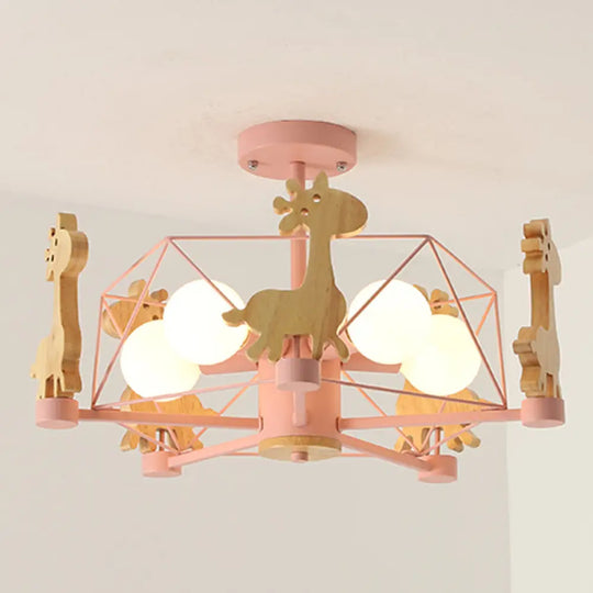 Cartoon Giraffe Wood Ceiling Light With 5-Light Semi Flush Mount - Perfect For Childrens Room Or