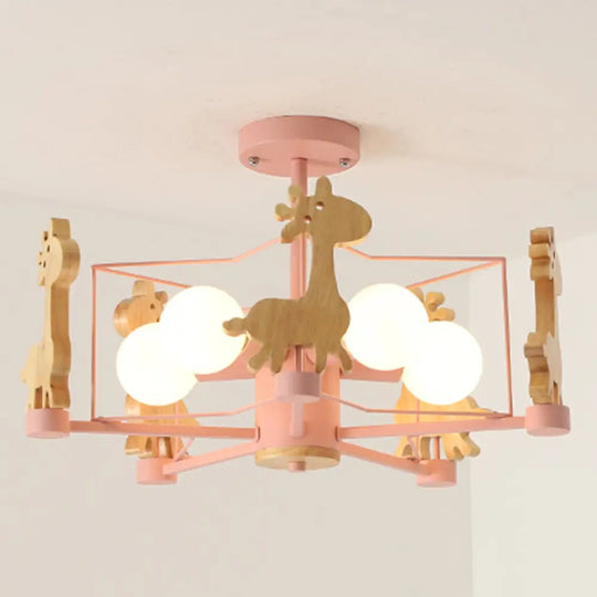 Cartoon Giraffe Wood Ceiling Light With 5-Light Semi Flush Mount - Perfect For Childrens Room Or