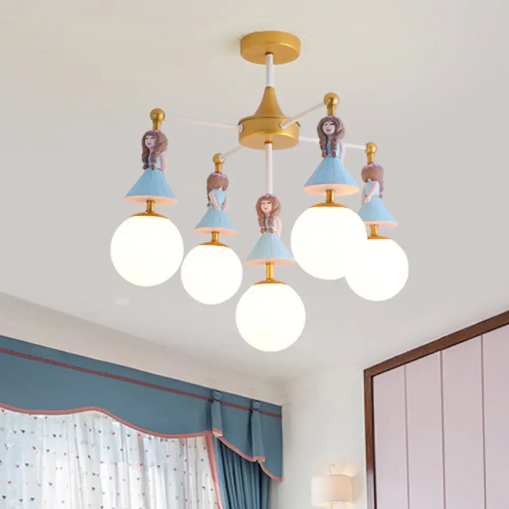 Cartoon Girl Flush Mount Ceiling Light: Blue Resin 5 - Bulb Kids Bedroom Fixture With White Glass