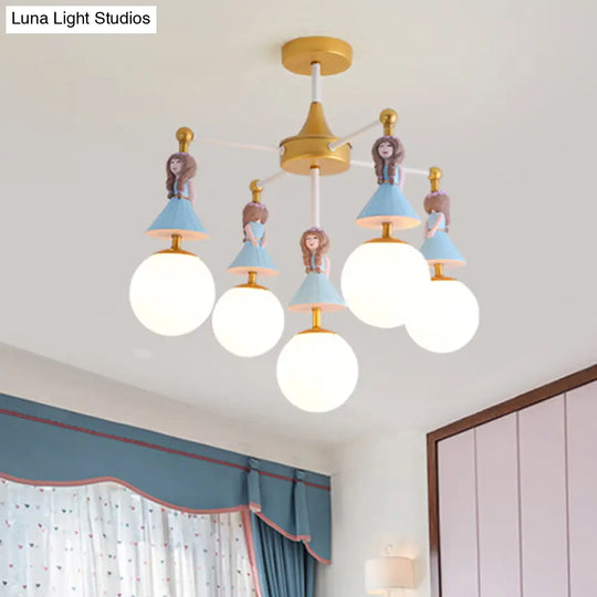 Cartoon Girl Flush Mount Ceiling Light: Blue Resin 5-Bulb Kids Bedroom Fixture With White Glass