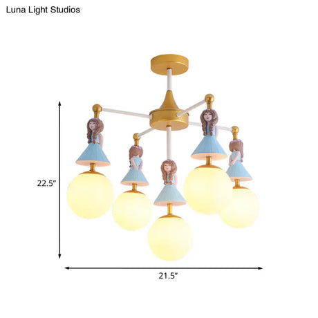 Cartoon Girl Flush Mount Ceiling Light: Blue Resin 5 - Bulb Kids Bedroom Fixture With White Glass