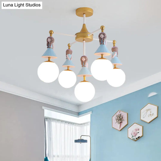 Cartoon Girl Flush Mount Ceiling Light: Blue Resin 5-Bulb Kids Bedroom Fixture With White Glass
