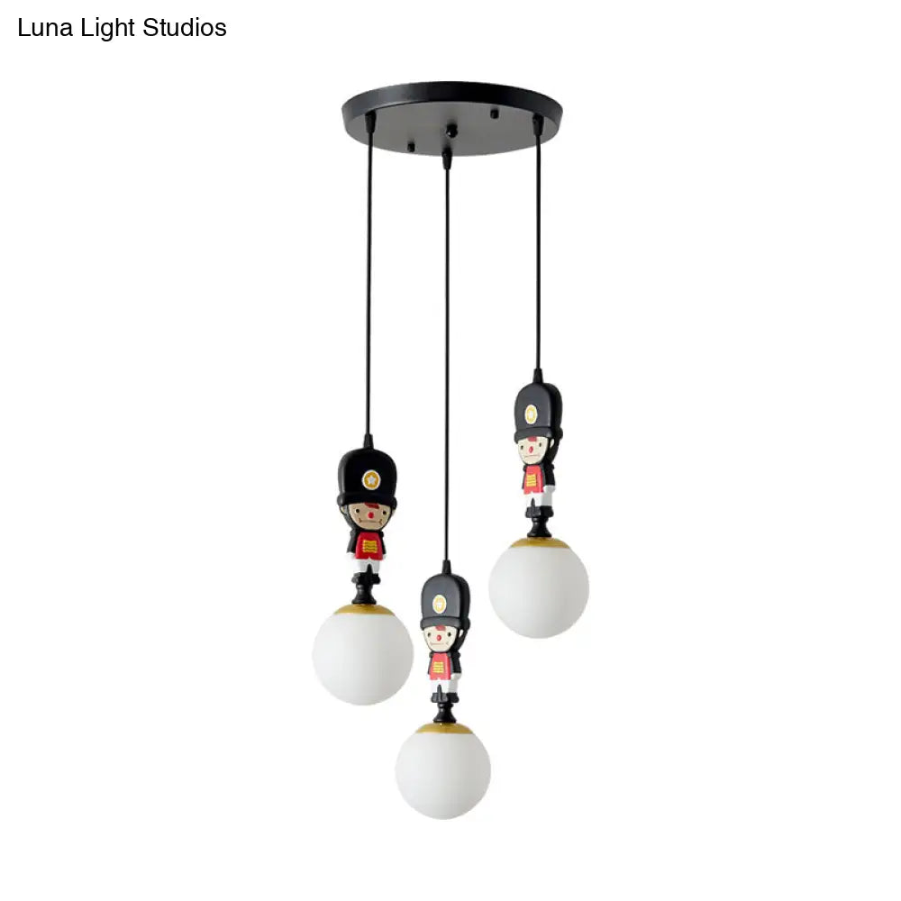 Cartoon Glass Globe Pendant Light With Soldier Decoration: 3-Head Black Multi-Light Kit