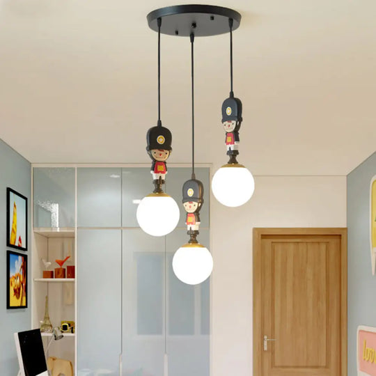 Cartoon Glass Globe Pendant Light With Soldier Decoration: 3-Head Black Multi-Light Kit