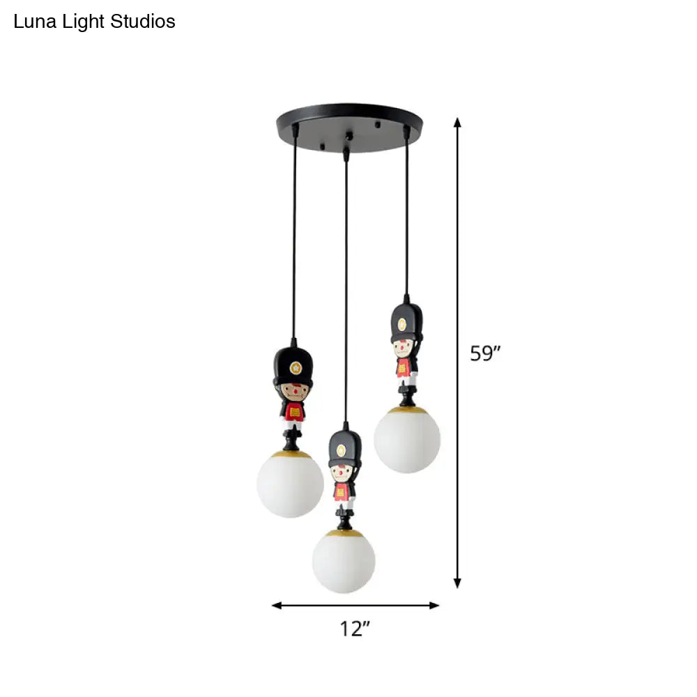 Cartoon Glass Globe Pendant Light With Soldier Decoration: 3-Head Black Multi-Light Kit