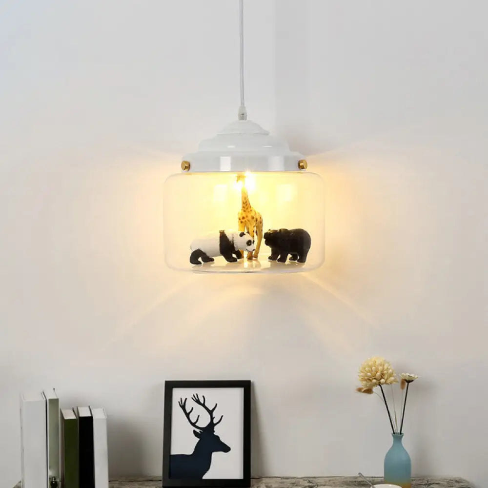 Cartoon Glass Zoo Pendant Ceiling Light For Bedroom - 1 Hanging Fixture White