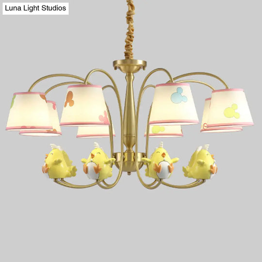 Cartoon Gold Pendant Light With Patterned Fabric Resin Animal And Tapered Chandelier Design