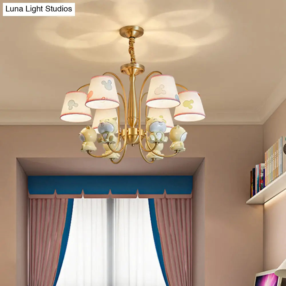 Cartoon Gold Pendant Light With Patterned Fabric Resin Animal And Tapered Chandelier Design