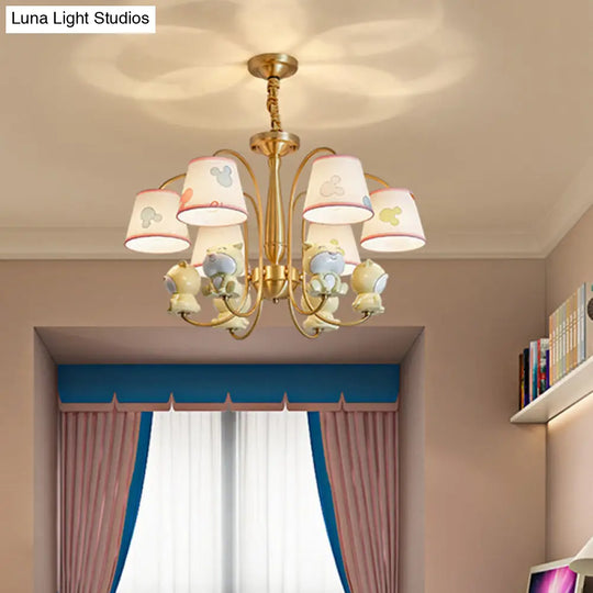 Cartoon Gold Pendant Light With Patterned Fabric Resin Animal And Tapered Chandelier Design