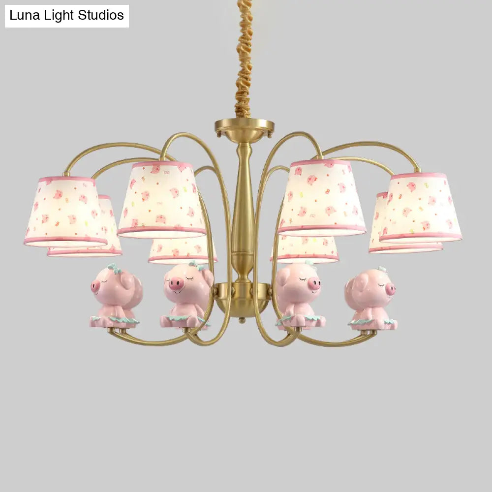 Cartoon Gold Pendant Light With Patterned Fabric Resin Animal And Tapered Chandelier Design