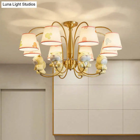 Cartoon Gold Pendant Light With Patterned Fabric Resin Animal And Tapered Chandelier Design