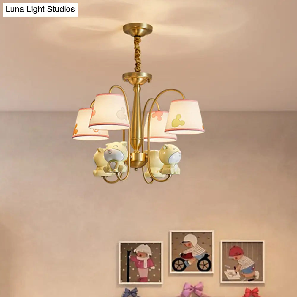 Cartoon Gold Pendant Light With Patterned Fabric Resin Animal And Tapered Chandelier Design