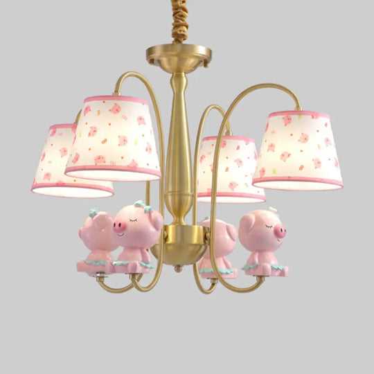 Cartoon Gold Pendant Light With Patterned Fabric Resin Animal And Tapered Chandelier Design 4 / Pig