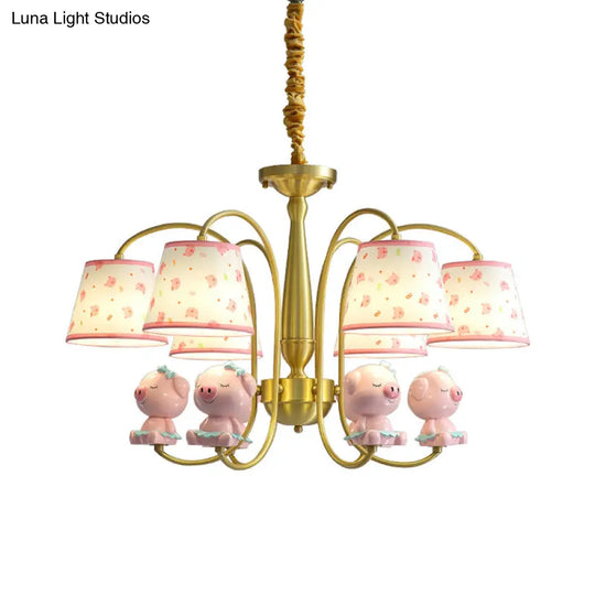 Cartoon Gold Pendant Light With Patterned Fabric Resin Animal And Tapered Chandelier Design