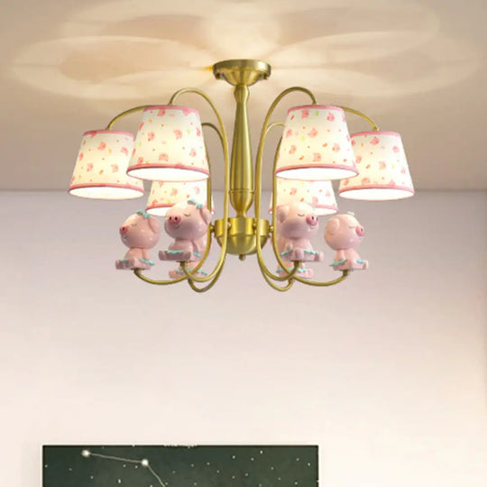 Cartoon Gold Pendant Light With Patterned Fabric Resin Animal And Tapered Chandelier Design 6 / Pig