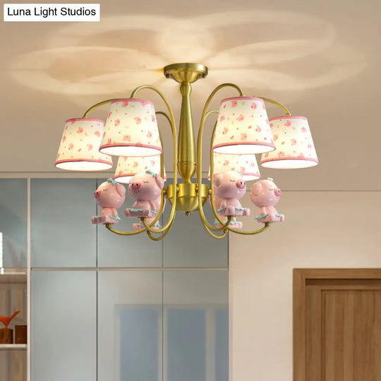 Cartoon Gold Pendant Light With Patterned Fabric Resin Animal And Tapered Chandelier Design