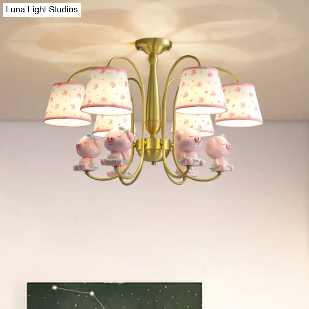 Cartoon Gold Pendant Light With Patterned Fabric Resin Animal And Tapered Chandelier Design