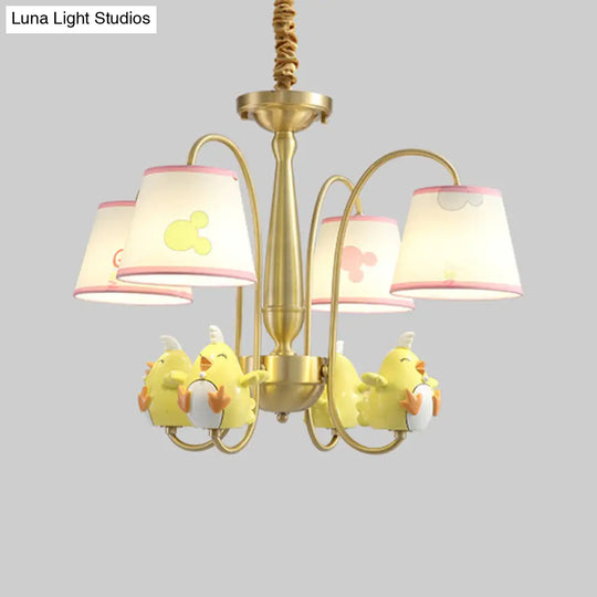 Cartoon Gold Pendant Light With Patterned Fabric Resin Animal And Tapered Chandelier Design