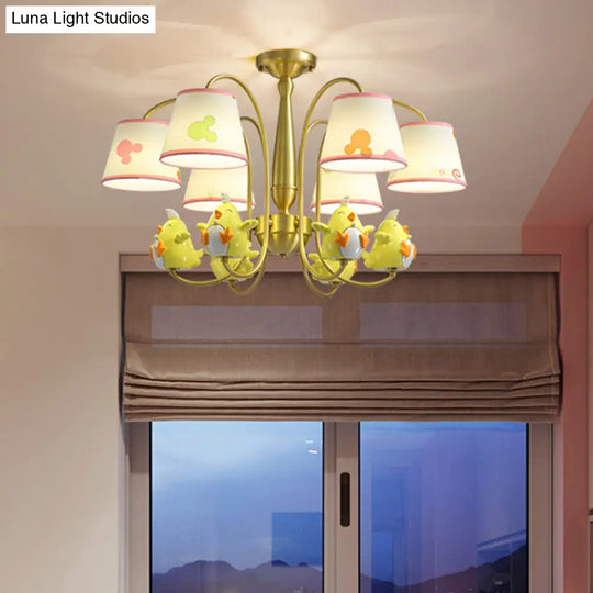 Cartoon Gold Pendant Light With Patterned Fabric Resin Animal And Tapered Chandelier Design