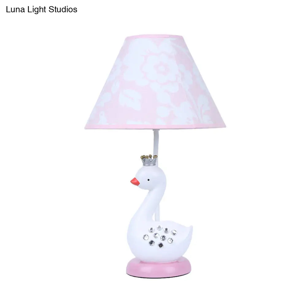 Cartoon Goose Night Light Reading Lamp With White Resin Base And Fabric Shade For Bedroom