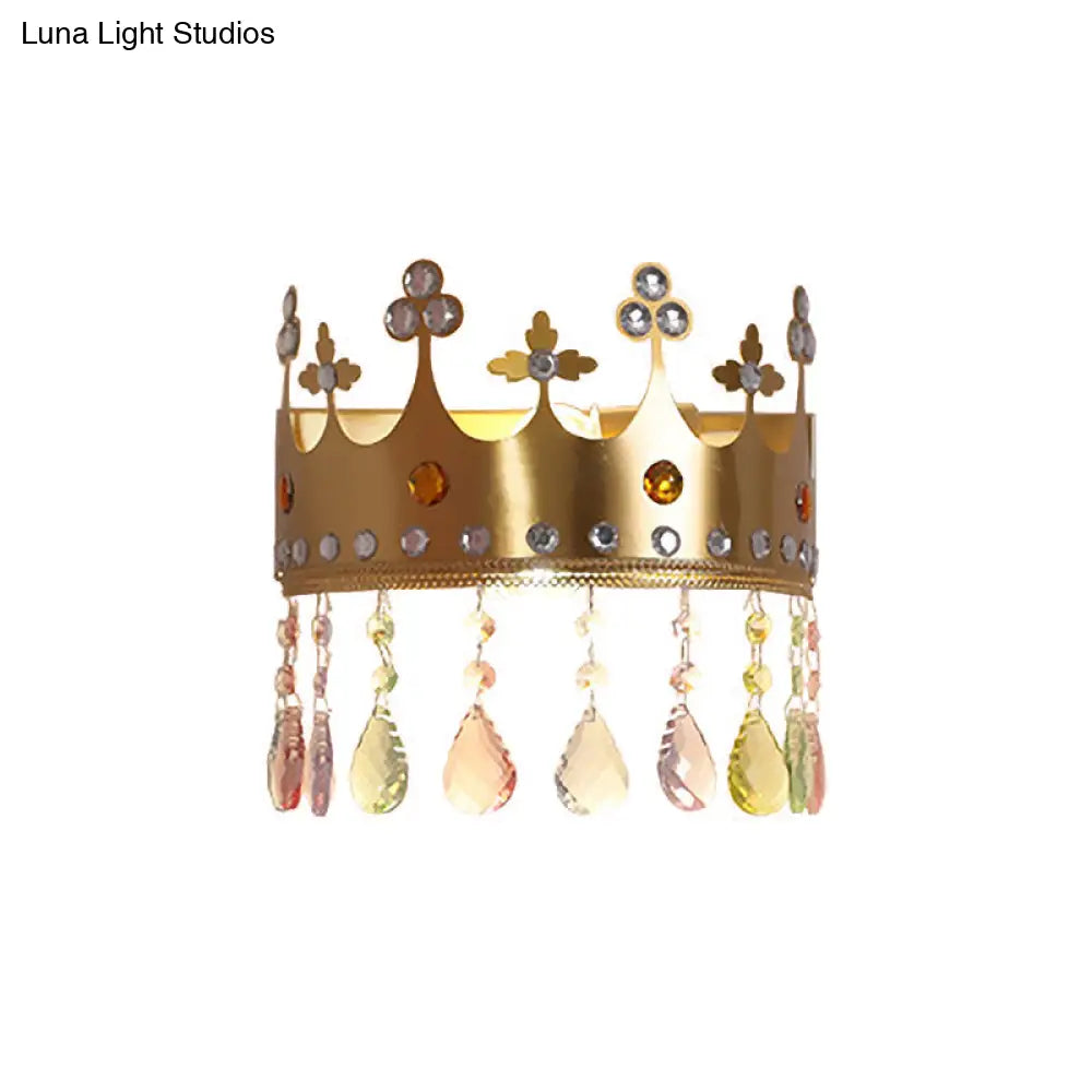 Cartoon Iron Led Pink/Gold Crown Sconce Light Fixture With Crystal Drop Deco