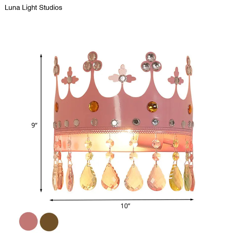 Cartoon Iron Led Pink/Gold Crown Sconce Light Fixture With Crystal Drop Deco