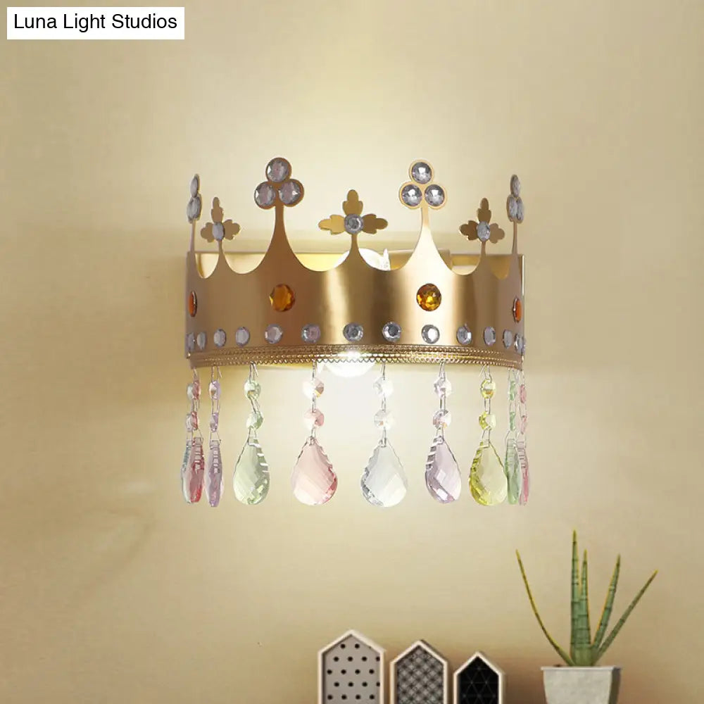 Cartoon Iron Led Pink/Gold Crown Sconce Light Fixture With Crystal Drop Deco