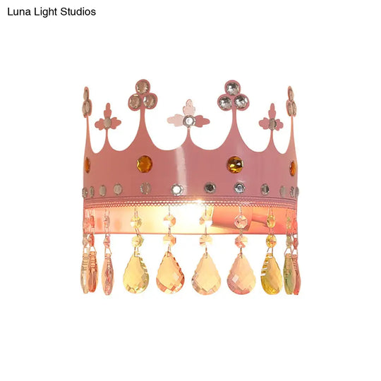 Cartoon Iron Led Pink/Gold Crown Sconce Light Fixture With Crystal Drop Deco