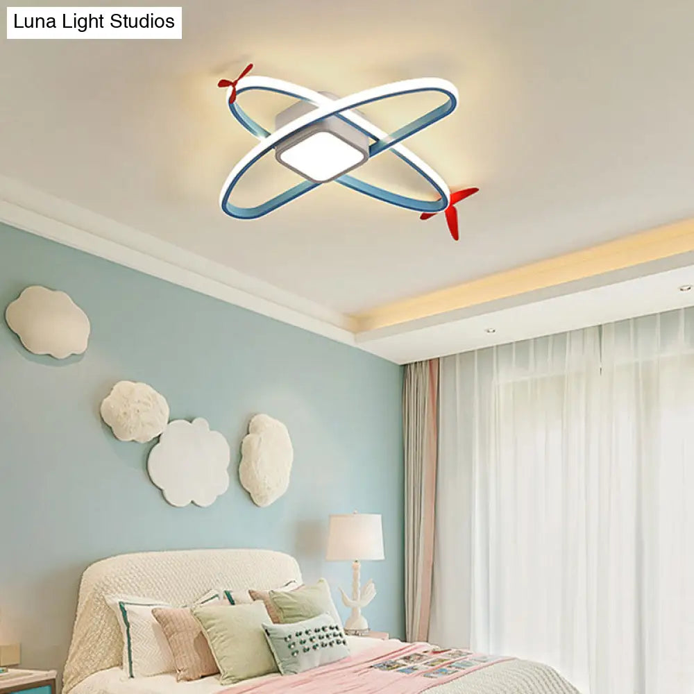 Cartoon Jet Plane Led Flush - Mount Light Fixture For Child Bedroom Ceiling - Blue