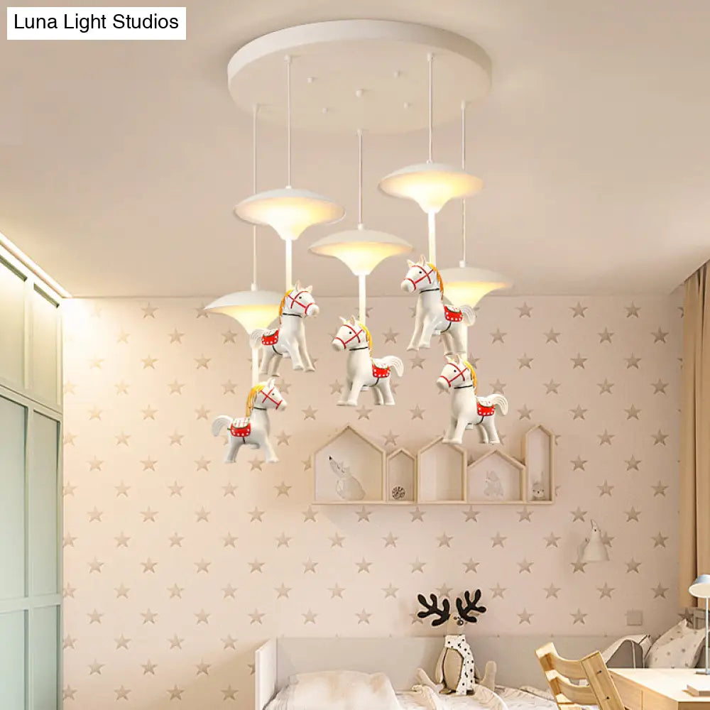 Cartoon Led Ceiling Pendant - White Horse Hanging Light With Metal Shade For Bedroom